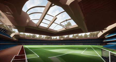 futuristic sports arena stadium.Ai generate illustrator. hi-tech architecture building dome. future hall technology background. competition sports program. abstract concept design. widescreen shot.の素材