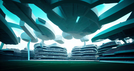 futuristic sports arena stadium.Ai generate illustrator. hi-tech architecture building dome. future hall technology background. competition sports program. abstract concept design. widescreen shot.の素材