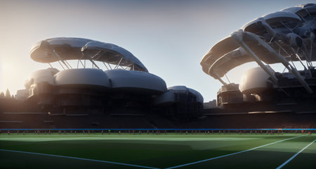 futuristic sports arena stadium.Ai generate illustrator. hi-tech architecture building dome. future hall technology background. competition sports program. abstract concept design. widescreen shot.の素材