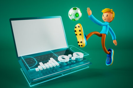 3D boy character football player in soccer action. 3d illustration. sports background concept. men kick motion. sports action person. graphic wallpaper. cartoon game soccer. creative poster layoutの写真素材
