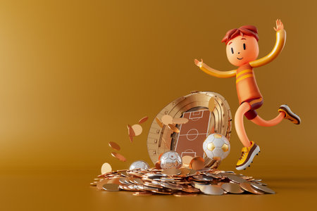3D boy character football player in soccer action. 3d illustration. sports background concept. men kick motion. sports action person. graphic wallpaper. cartoon game soccer. creative poster layoutの写真素材