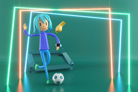 3D boy character football player in soccer action. 3d illustration. sports background concept. men kick motion. sports action person. graphic wallpaper. cartoon game soccer. creative poster layoutの写真素材