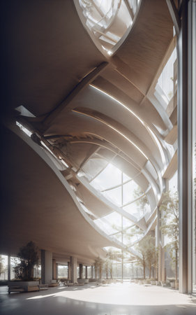futuristic sports arena stadium.Ai generate illustrator. hi-tech architecture building dome. future hall technology background. competition sports program. abstract concept design. widescreen shot.の素材