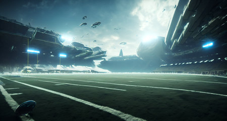 futuristic sports arena stadium.Ai generate illustrator. hi-tech architecture building dome. future hall technology background. competition sports program. abstract concept design. widescreen shot.の素材