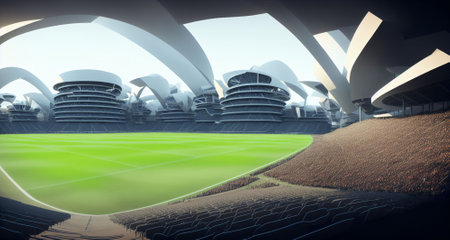 futuristic sports arena stadium.Ai generate illustrator. hi-tech architecture building dome. future hall technology background. competition sports program. abstract concept design. widescreen shot.の素材