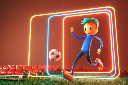 3D boy character football player in soccer action. 3d illustration. sports background concept. men kick motion. sports action person. graphic wallpaper. cartoon game soccer. creative poster layoutの写真素材
