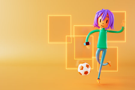 3D boy character football player in soccer action. 3d illustration. sports background concept. men kick motion. sports action person. graphic wallpaper. cartoon game soccer. creative poster layoutの写真素材