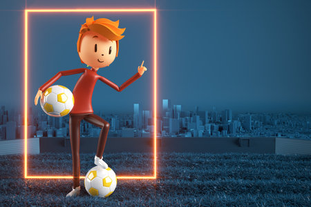 3D boy character football player in soccer action. 3d illustration. sports background concept. men kick motion. sports action person. graphic wallpaper. cartoon game soccer. creative poster layoutの写真素材