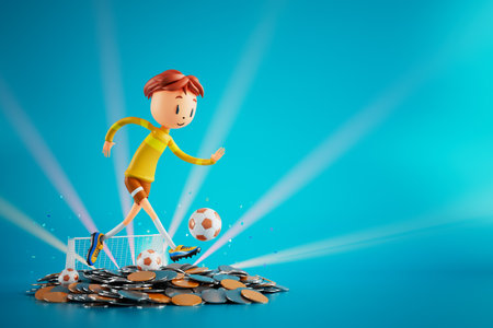 3D boy character football player in soccer action. 3d illustration. sports background concept. men kick motion. sports action person. graphic wallpaper. cartoon game soccer. creative poster layoutの写真素材