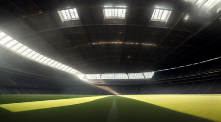 futuristic sports arena stadium.Ai generate illustrator. hi-tech architecture building dome. future hall technology background. competition sports program. abstract concept design. widescreen shot.の素材