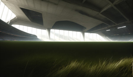 futuristic sports arena stadium.Ai generate illustrator. hi-tech architecture building dome. future hall technology background. competition sports program. abstract concept design. widescreen shot.の素材
