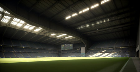 futuristic sports arena stadium.Ai generate illustrator. hi-tech architecture building dome. future hall technology background. competition sports program. abstract concept design. widescreen shot.の素材