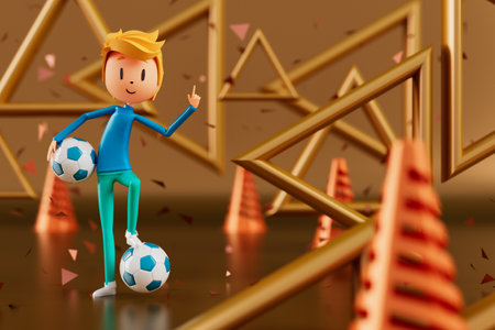 3D boy character football player in soccer action. 3d illustration. sports background concept. men kick motion. sports action person. graphic wallpaper. cartoon game soccer. creative poster layoutの写真素材