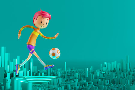 3D boy character football player in soccer action. 3d illustration. sports background concept. men kick motion. sports action person. graphic wallpaper. cartoon game soccer. creative poster layoutの写真素材
