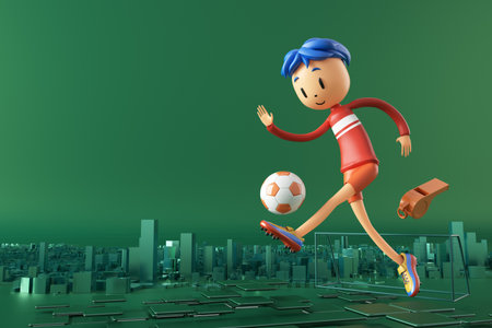 3D boy character football player in soccer action. 3d illustration. sports background concept. men kick motion. sports action person. graphic wallpaper. cartoon game soccer. creative poster layoutの写真素材