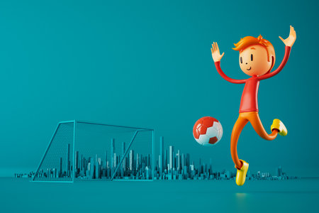 3D boy character football player in soccer action. 3d illustration. sports background concept. men kick motion. sports action person. graphic wallpaper. cartoon game soccer. creative poster layoutの写真素材