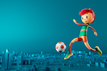 3D boy character football player in soccer action. 3d illustration. sports background concept. men kick motion. sports action person. graphic wallpaper. cartoon game soccer. creative poster layoutの写真素材