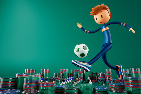 3D boy character football player in soccer action. 3d illustration. sports background concept. men kick motion. sports action person. graphic wallpaper. cartoon game soccer. creative poster layoutの写真素材