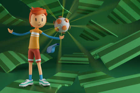 3D boy character football player in soccer action. 3d illustration. sports background concept. men kick motion. sports action person. graphic wallpaper. cartoon game soccer. creative poster layoutの写真素材