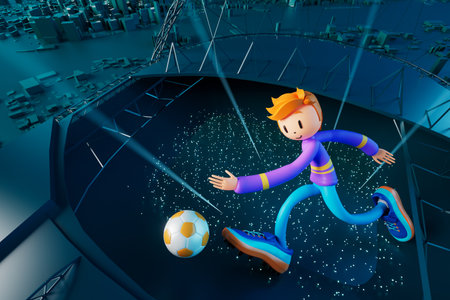 3D boy character football player in soccer action. 3d illustration. sports background concept. men kick motion. sports action person. graphic wallpaper. cartoon game soccer. creative poster layoutの写真素材