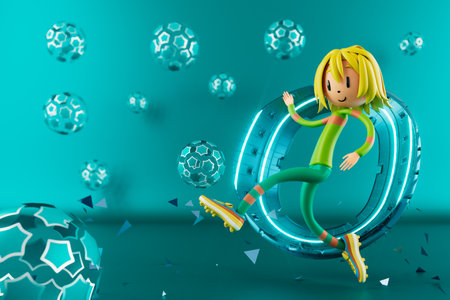 3D boy character football player in soccer action. 3d illustration. sports background concept. men kick motion. sports action person. graphic wallpaper. cartoon game soccer. creative poster layoutの写真素材