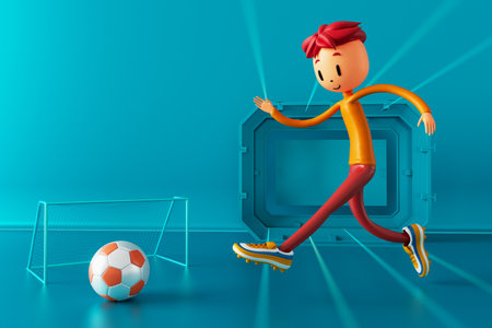 3D boy character football player in soccer action. 3d illustration. sports background concept. men kick motion. sports action person. graphic wallpaper. cartoon game soccer. creative poster layoutの写真素材