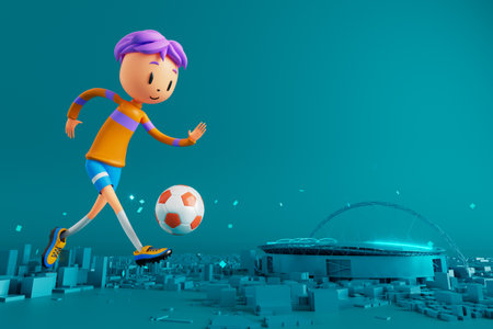 3D boy character football player in soccer action. 3d illustration. sports background concept. men kick motion. sports action person. graphic wallpaper. cartoon game soccer. creative poster layoutの写真素材