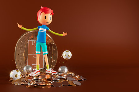 3D boy character football player in soccer action. 3d illustration. sports background concept. men kick motion. sports action person. graphic wallpaper. cartoon game soccer. creative poster layoutの写真素材