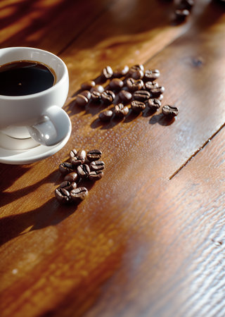 a cup of coffee and coffee beans on the wooden table in the warm cafe beside the window. coffee restaurant concept design mood. Ai illustration generator. top view copy space. wooden floor. close upの素材