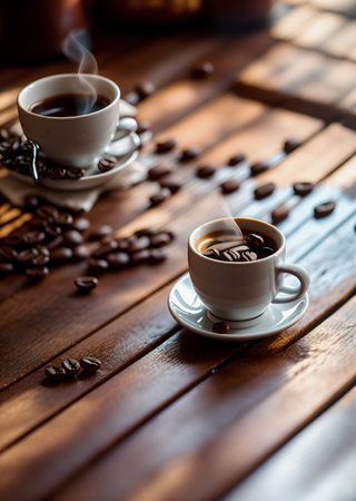 a cup of coffee and coffee beans on the wooden table in the warm cafe beside the window. coffee restaurant concept design mood. Ai illustration generator. top view copy space. wooden floor. close upの素材