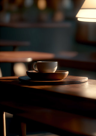 a cup of coffee and coffee beans on the wooden table in the warm cafe beside the window. coffee restaurant concept design mood. Ai illustration generator. top view copy space. wooden floor. close upの素材