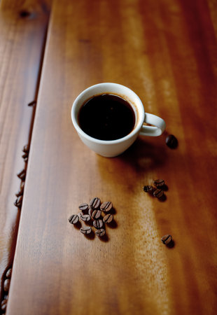a cup of coffee and coffee beans on the wooden table in the warm cafe beside the window. coffee restaurant concept design mood. Ai illustration generator. top view copy space. wooden floor. close upの素材