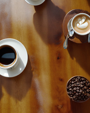a cup of coffee and coffee beans on the wooden table in the warm cafe beside the window. coffee restaurant concept design mood. Ai illustration generator. top view copy space. wooden floor. close upの素材