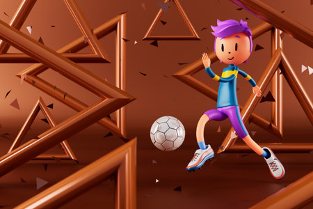 3D boy character football player in soccer action. 3d illustration. sports background concept. men kick motion. sports action person. graphic wallpaper. cartoon game soccer. creative poster layoutの写真素材