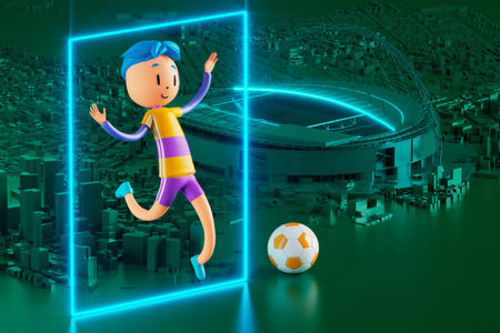 3D boy character football player in soccer action. 3d illustration. sports background concept. men kick motion. sports action person. graphic wallpaper. cartoon game soccer. creative poster layoutの写真素材