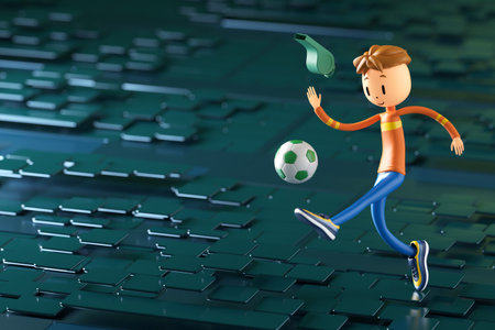 3D boy character football player in soccer action. 3d illustration. sports background concept. men kick motion. sports action person. graphic wallpaper. cartoon game soccer. creative poster layoutの写真素材