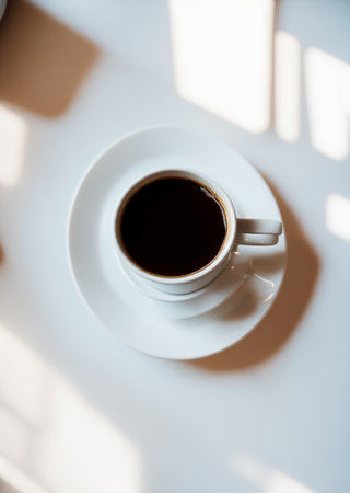 a cup of coffee and coffee beans on the wooden table in the warm cafe beside the window. coffee restaurant concept design mood. Ai illustration generator. top view copy space. wooden floor. close upの素材