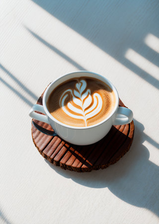 a cup of coffee and coffee beans on the wooden table in the warm cafe beside the window. coffee restaurant concept design mood. Ai illustration generator. top view copy space. wooden floor. close upの素材