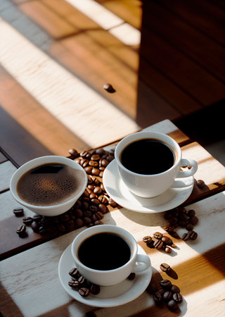 a cup of coffee and coffee beans on the wooden table in the warm cafe beside the window. coffee restaurant concept design mood. Ai illustration generator. top view copy space. wooden floor. close upの素材