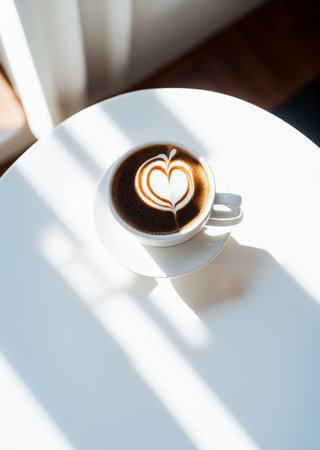 a cup of coffee and coffee beans on the wooden table in the warm cafe beside the window. coffee restaurant concept design mood. Ai illustration generator. top view copy space. wooden floor. close upの素材