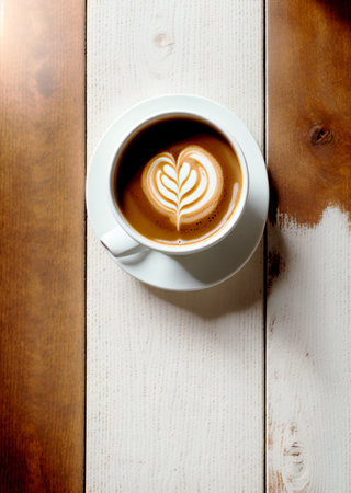 a cup of coffee and coffee beans on the wooden table in the warm cafe beside the window. coffee restaurant concept design mood. Ai illustration generator. top view copy space. wooden floor. close upの素材