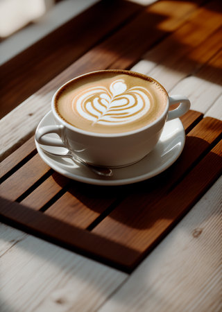a cup of coffee and coffee beans on the wooden table in the warm cafe beside the window. coffee restaurant concept design mood. Ai illustration generator. top view copy space. wooden floor. close upの素材