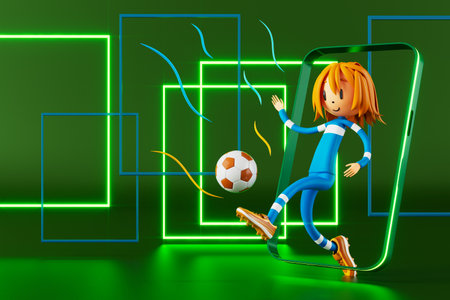 3D boy character football player in soccer action. 3d illustration. sports background concept. men kick motion. sports action person. graphic wallpaper. cartoon game soccer. creative poster layoutの写真素材