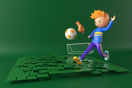 3D boy character football player in soccer action. 3d illustration. sports background concept. men kick motion. sports action person. graphic wallpaper. cartoon game soccer. creative poster layoutの写真素材