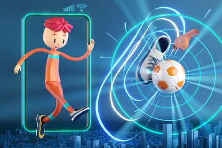 3D boy character football player in soccer action. 3d illustration. sports background concept. men kick motion. sports action person. graphic wallpaper. cartoon game soccer. creative poster layoutの写真素材