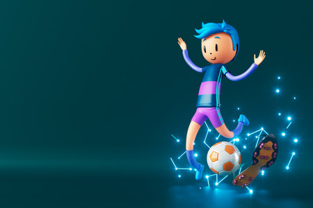 3D boy character football player in soccer action. 3d illustration. sports background concept. men kick motion. sports action person. graphic wallpaper. cartoon game soccer. creative poster layoutの写真素材