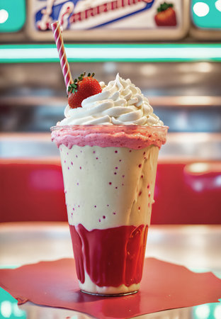 A glass of whipped cream coffee smoothie drinks on the table in a vintage cafe. beverage photography Ai generation. cafe photo concept. food menu concept. center composition. restaurant designの素材