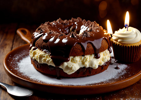 chocolate birthday cake whip cream cookie on the plate in the low moodie light in a cozy cafe. realistic Ai generate. cafe menu concept. restaurant picture design food photography. coffee shop pictureの素材