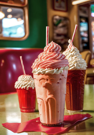 A glass of whipped cream coffee smoothie drinks on the table in a vintage cafe. beverage photography Ai generation. cafe photo concept. food menu concept. center composition. restaurant designの素材