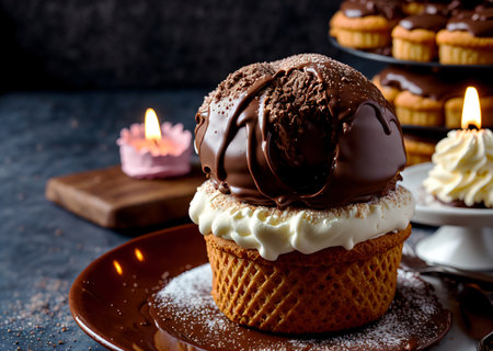 chocolate birthday cake whip cream cookie on the plate in the low moodie light in a cozy cafe. realistic Ai generate. cafe menu concept. restaurant picture design food photography. coffee shop pictureの素材